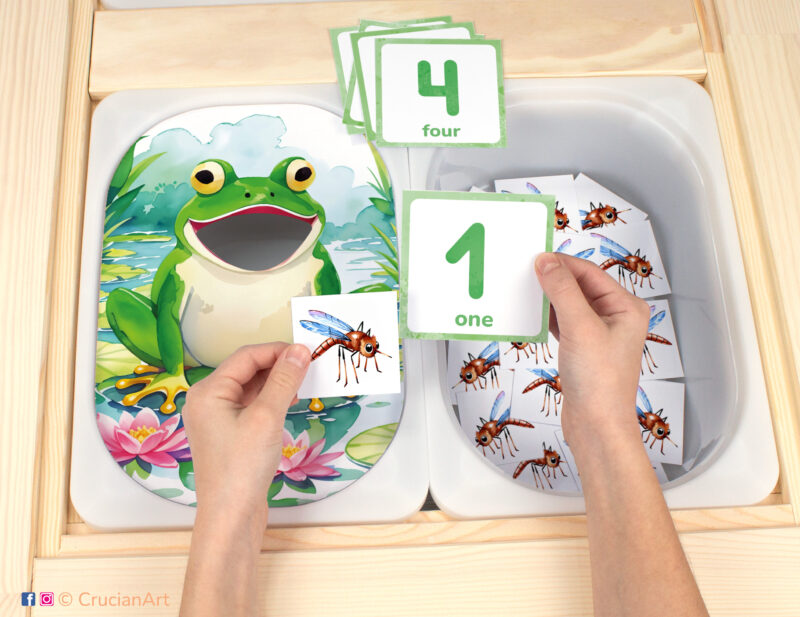 Spring and Summer Pond Life theme Flisat insert resource in a Montessori preschool: early math counting activity placed on an IKEA Children's Sensory Table. Funny Frog and Mosquitoes illustration for kids sensory table insert.