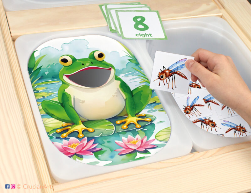 Green Frog and Mosquito Insects theme sensory play in a childcare center: classroom learning printable materials for a Spring and Summer Season unit. Counting Trofast insert template for kids sensory bins. Printables for the IKEA Flisat Sensory Table.