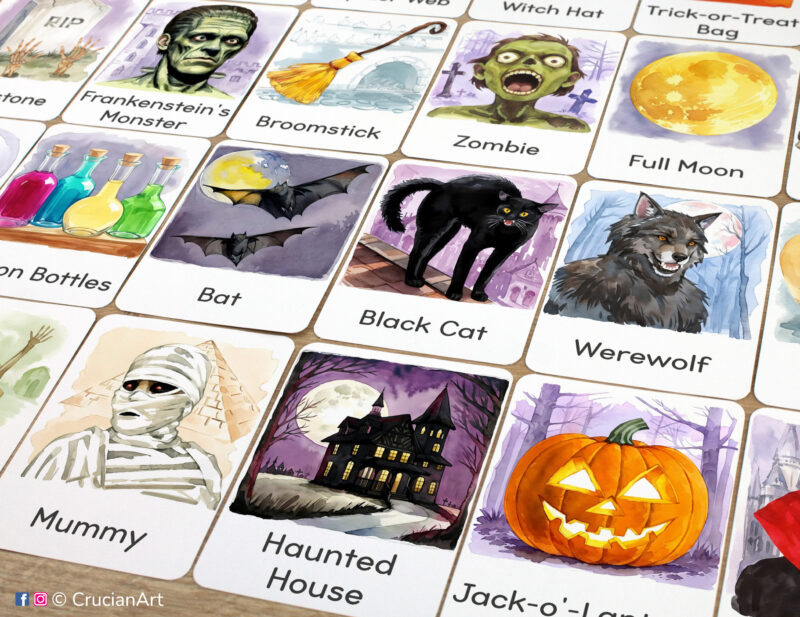 Fall season set of printed Halloween Holiday theme flashcards for kids with watercolor illustrations of Jack-o-Lantern, Haunted House, Mummy, Black Cat, Werewolf, Broomstick, Zombie, Potion Bottles