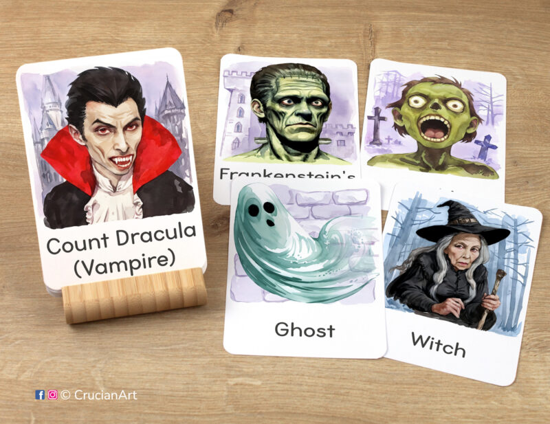 Halloween Season Flashcards featuring watercolor images of Ghost, Witch, Zombie, Frankenstein's Monster, and Count Dracula Vampire, ready for learning activity