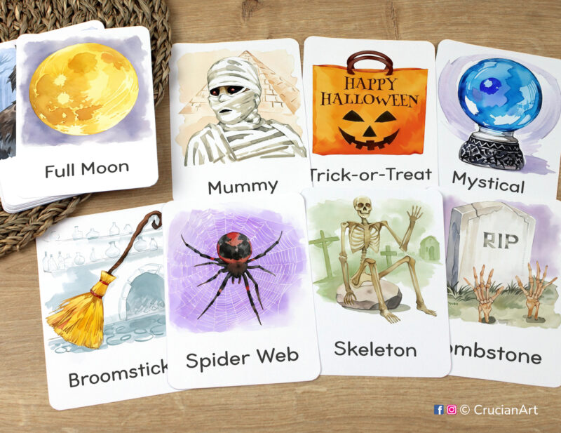 Halloween Holiday Unit Flashcards featuring Trick-or-Treat Bag, Broomstick, Mummy, Spider Web, Mystical Crystal Ball, Full Moon laid out for studying