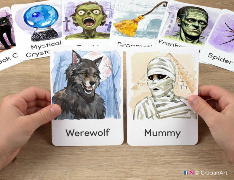 Werewolf and Mummy watercolor flashcards in child hands. Halloween Holiday unit educational printables for fall season.