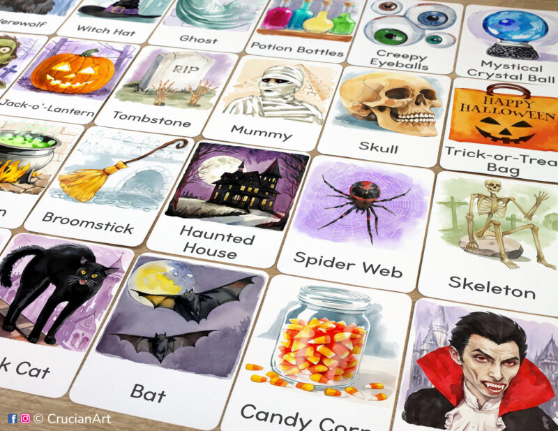 Autumn season set of printed Halloween Holiday theme flashcards for kids with watercolor illustrations of Candy Corn, Broomstick, Jack-o-Lantern, Haunted House, Spider Web, Mummy, Black Cat, Count Dracula Vampire