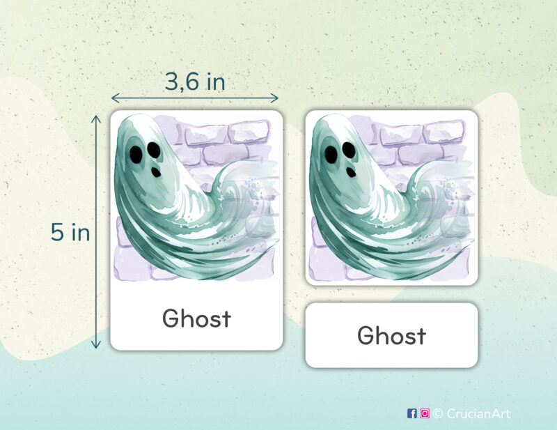 Halloween Holiday theme 3-part cards homeschool printables. DIY educational resources for Fall Season curriculum. Ghost watercolor illustrution.