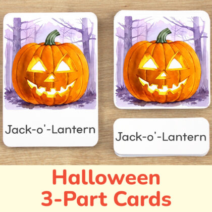 Halloween Holiday three part cards set: flashcard, watercolor visual card, and label with matching word. Autumn Season theme printable educational resource for preschool fall study unit. Jack-o-Lantern watercolor illustration.