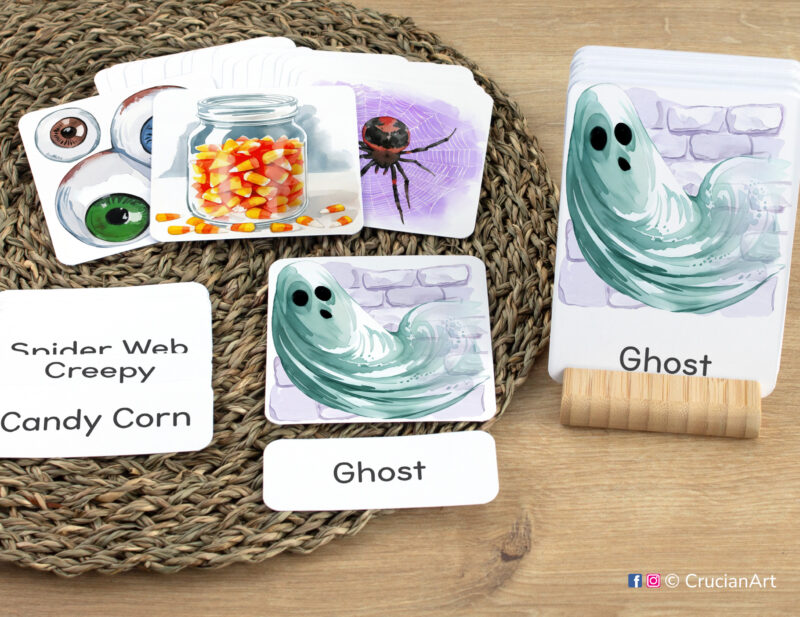 Early reading activity using three-part cards: Ghost flashcard, word cards, and picture cards. Set of Halloween themed sight words for Autumn Season literacy activities.