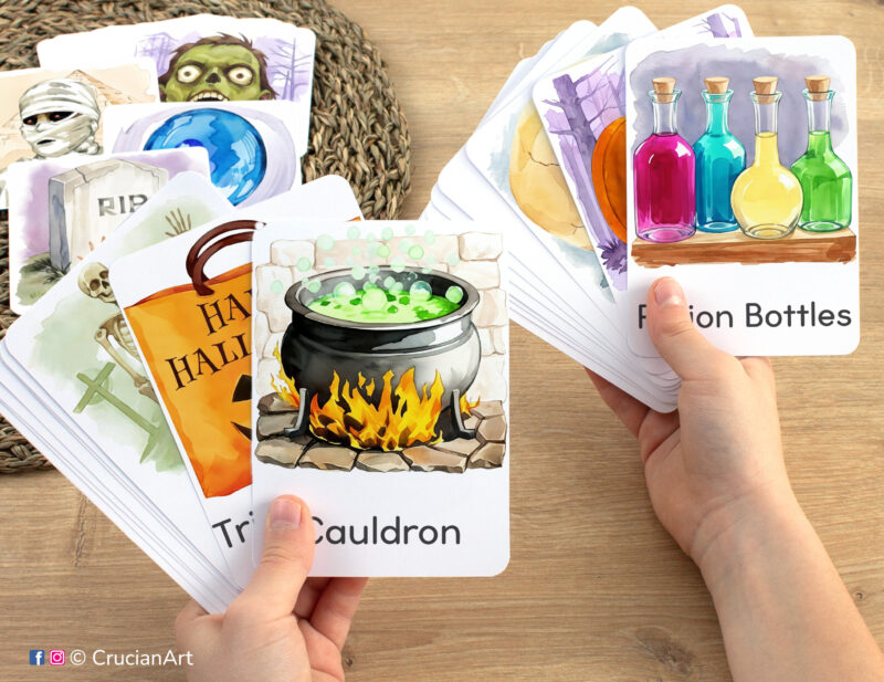 Witch Cauldron and Potion Bottles watercolor visual cards in child hands. Halloween Season educational printables for fall holiday study unit.