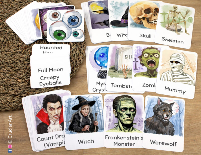 Halloween Holiday week flashcards featuring monsters such as Mummy, Werewolf, Witch, Frankenstein's Monster, Zombie, Count Dracula Vampire laid out for studying