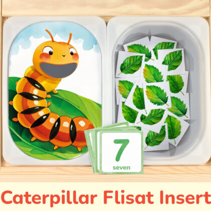 Spring Season Game: Hungry Caterpillar insert and green leaves counters placed on Trofast boxes in IKEA Flisat Children's Sensory Table