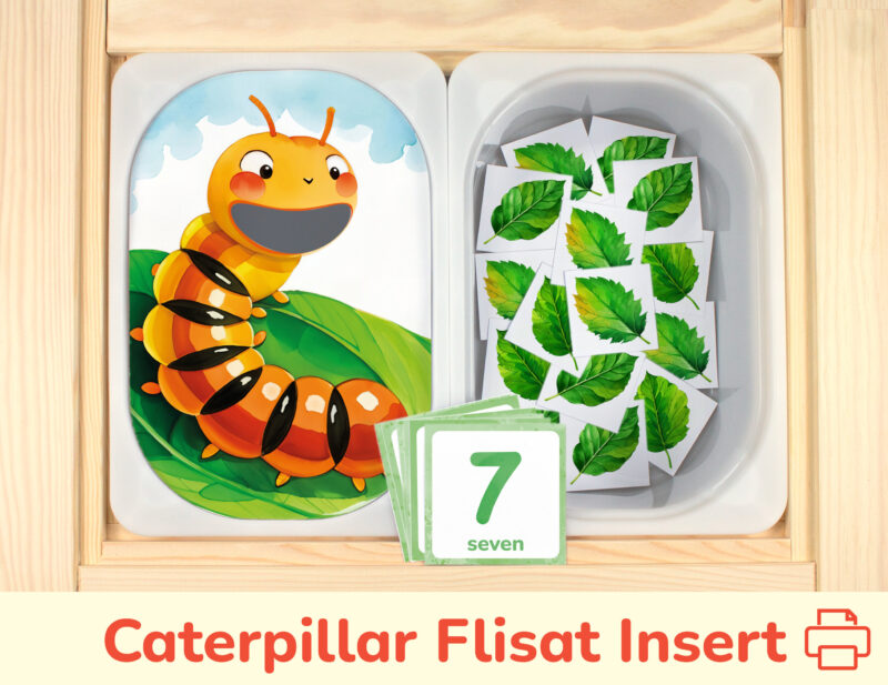 Spring Season Game: Hungry Caterpillar insert and green leaves counters placed on Trofast boxes in IKEA Flisat Children's Sensory Table