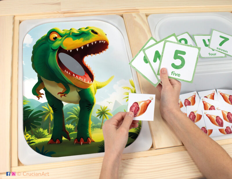 T-Rex Dinosaur Toddler sensory bins play: Tyrannosaurus Rex worksheet for an educational activity. DIY template inserted into IKEA Flisat table, with counters placed in the Trofast box.