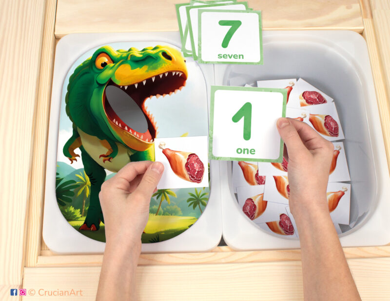 Tyrannosaurus Rex Dinosaur theme Flisat insert resource in a Montessori preschool: early math counting activity placed on an IKEA Children's Sensory Table. T-Rex Dino illustration for kids sensory table insert.