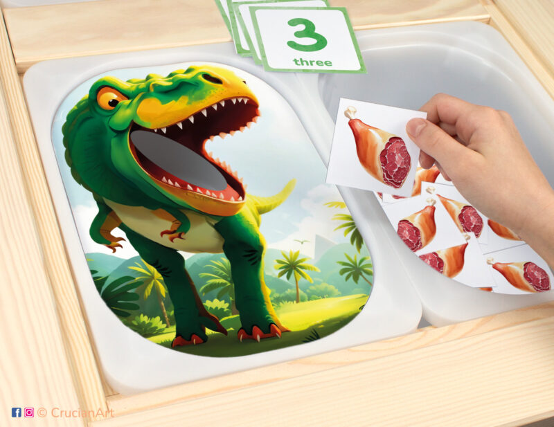 Tyrannosaurus Rex Dinosaur theme sensory play in a childcare center: classroom learning printable materials for a T-Rex Dino unit. Counting Trofast insert template for kids sensory bins. Printables for the IKEA Flisat Sensory Table.