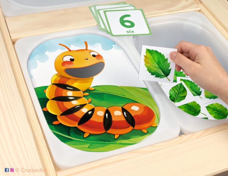Hungry caterpillar and leaves theme sensory play in a childcare center: classroom learning printable materials for a Spring and Summer Season unit. Counting Trofast insert template for kids sensory bins. Printables for the IKEA Flisat Sensory Table.