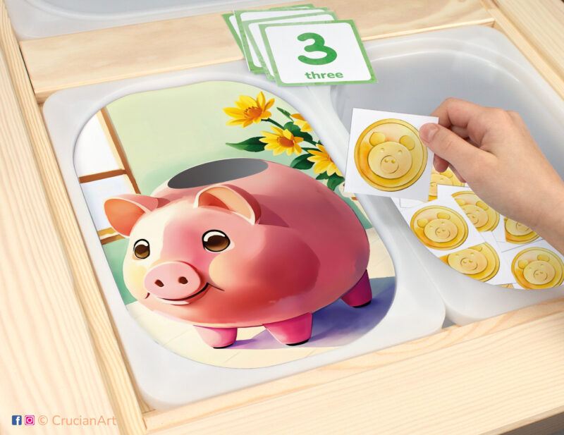 Piggy Bank theme sensory play in a childcare center: classroom learning printable materials for a On the Farm unit. Counting Trofast insert template for kids sensory bins. Printables for the IKEA Flisat Sensory Table.