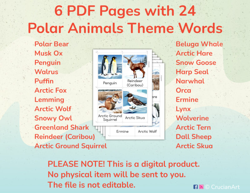 Printable Arctic and Antarctic Animals Flashcards for Preschool and Kindergarten Polar Wildlife study unit. ELA printables.