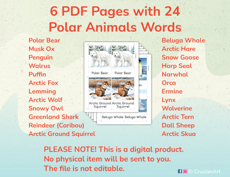 Printable Polar Animals theme three part cards for preschool and kindergarten Arctic Tundra Unit activities