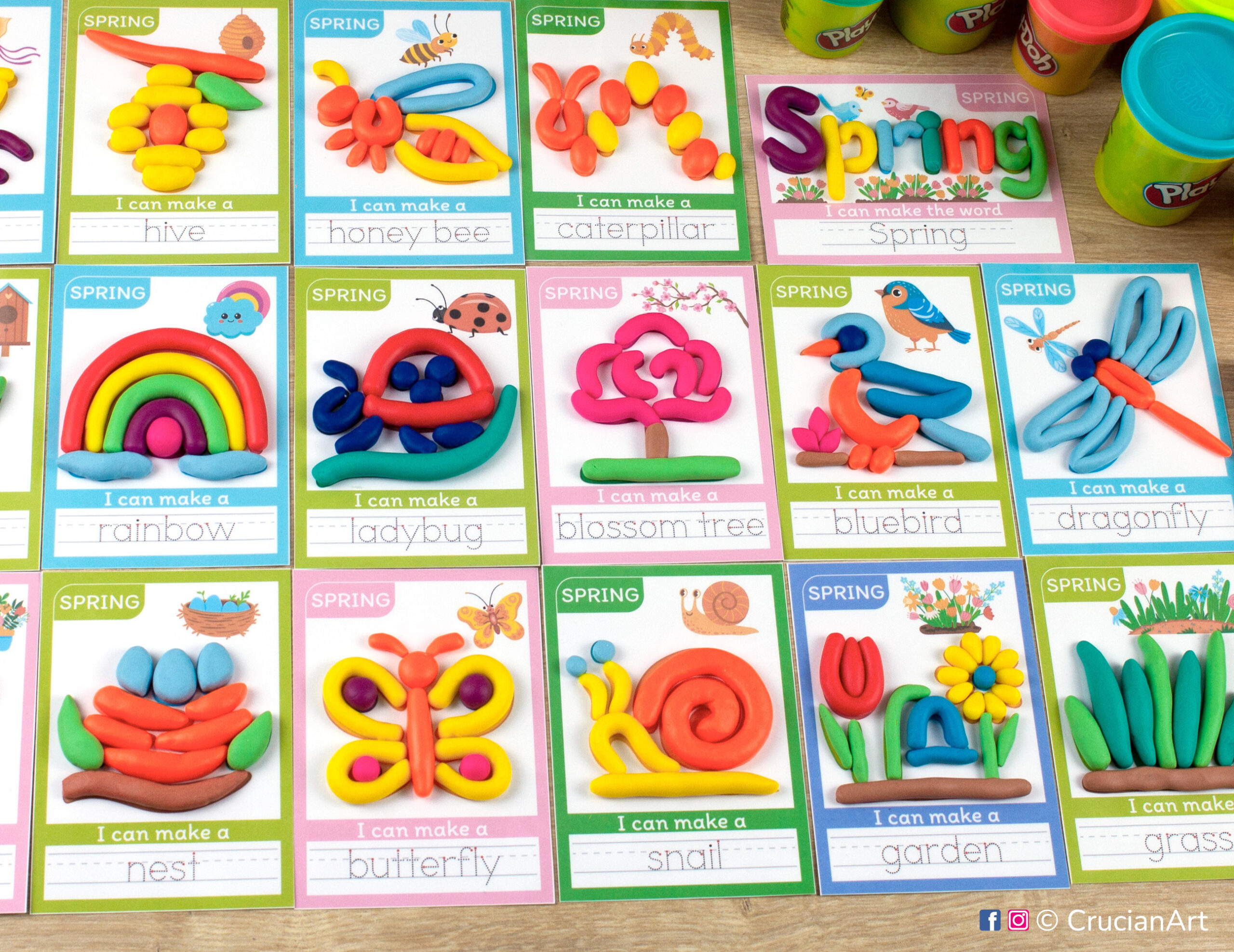Set of Spring Season printable materials for playdough sensory station. Playdough mats for Play-Doh with images of rainbow, blossom tree, nest, bluebird, garden, butterfly, ladybug, caterpillar, snail, dragonfly, honey bee, hive, grass.