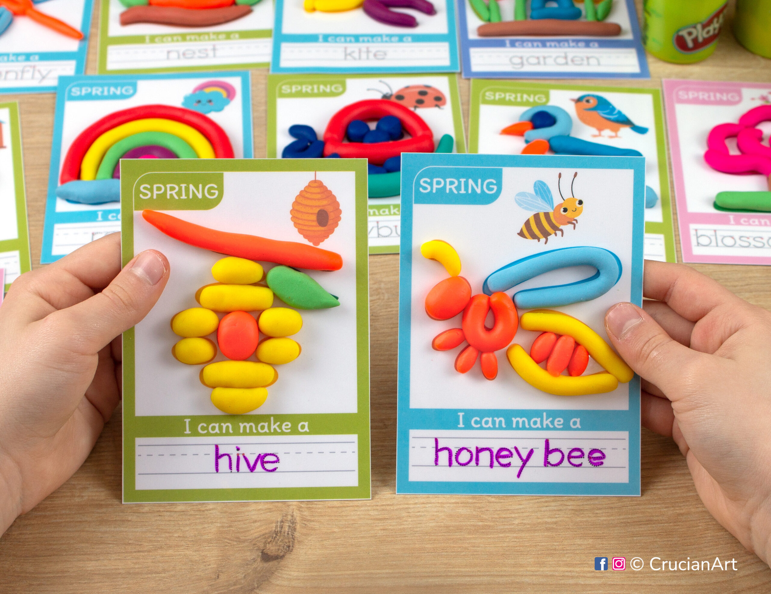 Summer season hands-on playdough activities for preschool and toddler curriculum. Preschooler holds two play doh mats with images of a Honey Bee and Hive.