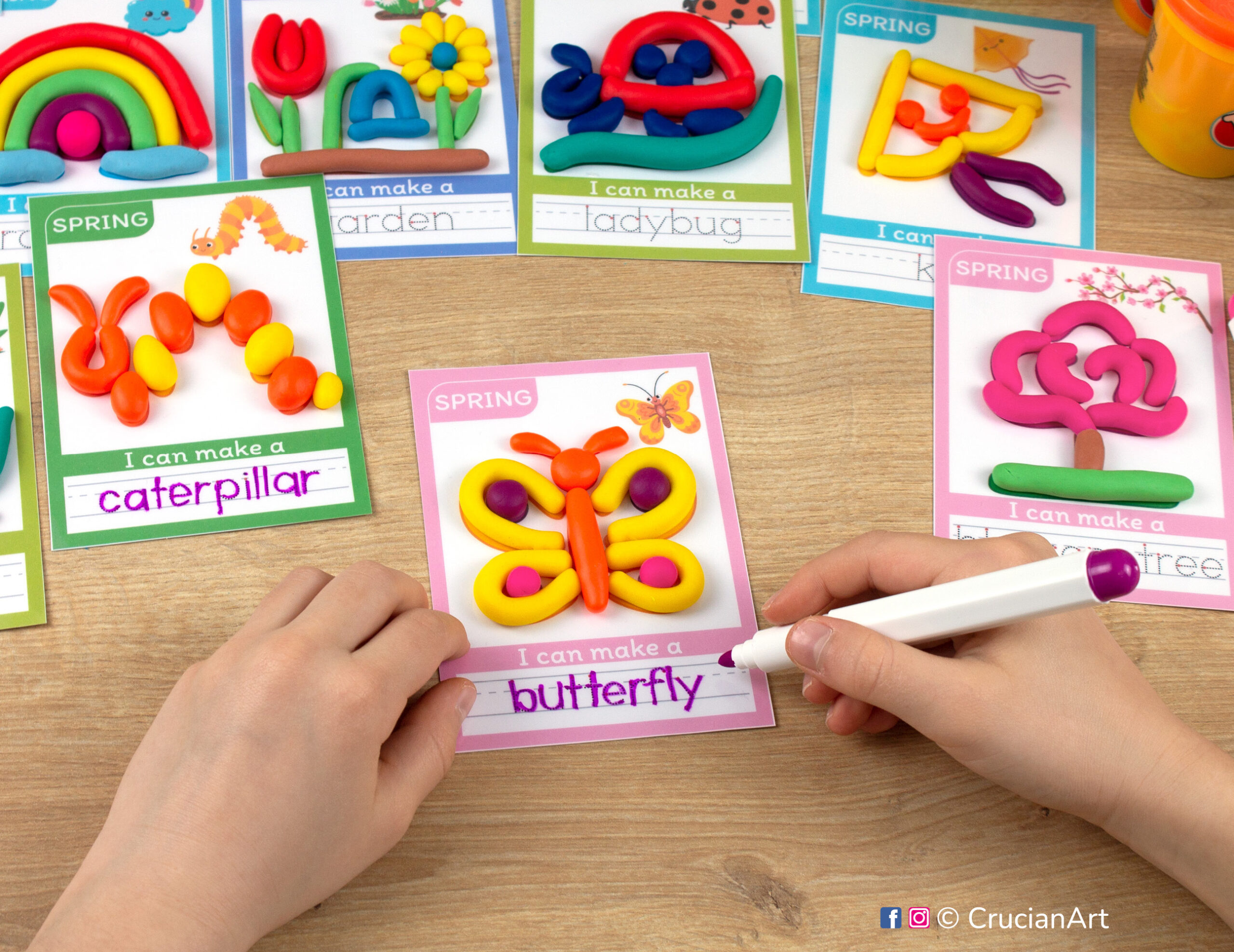 Printable Spring Season playdough mats. Seasonal play dough mat with a Butterfly. Do-it-yourself language learning educational resources for childcare centers.