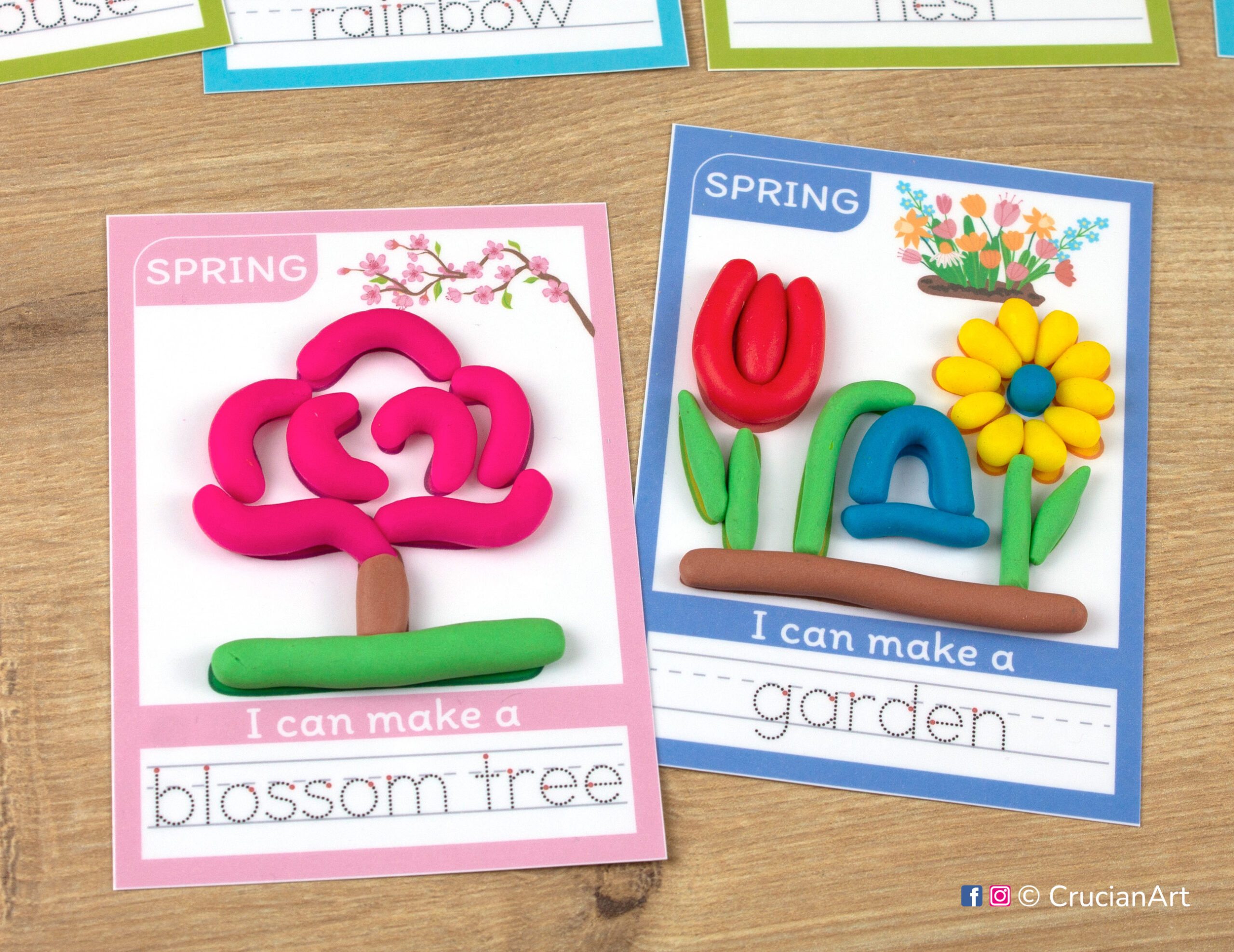 Set of printable playdough mats for seasonal learning theme. Spring season symbols of Blossom Tree and Garden.
