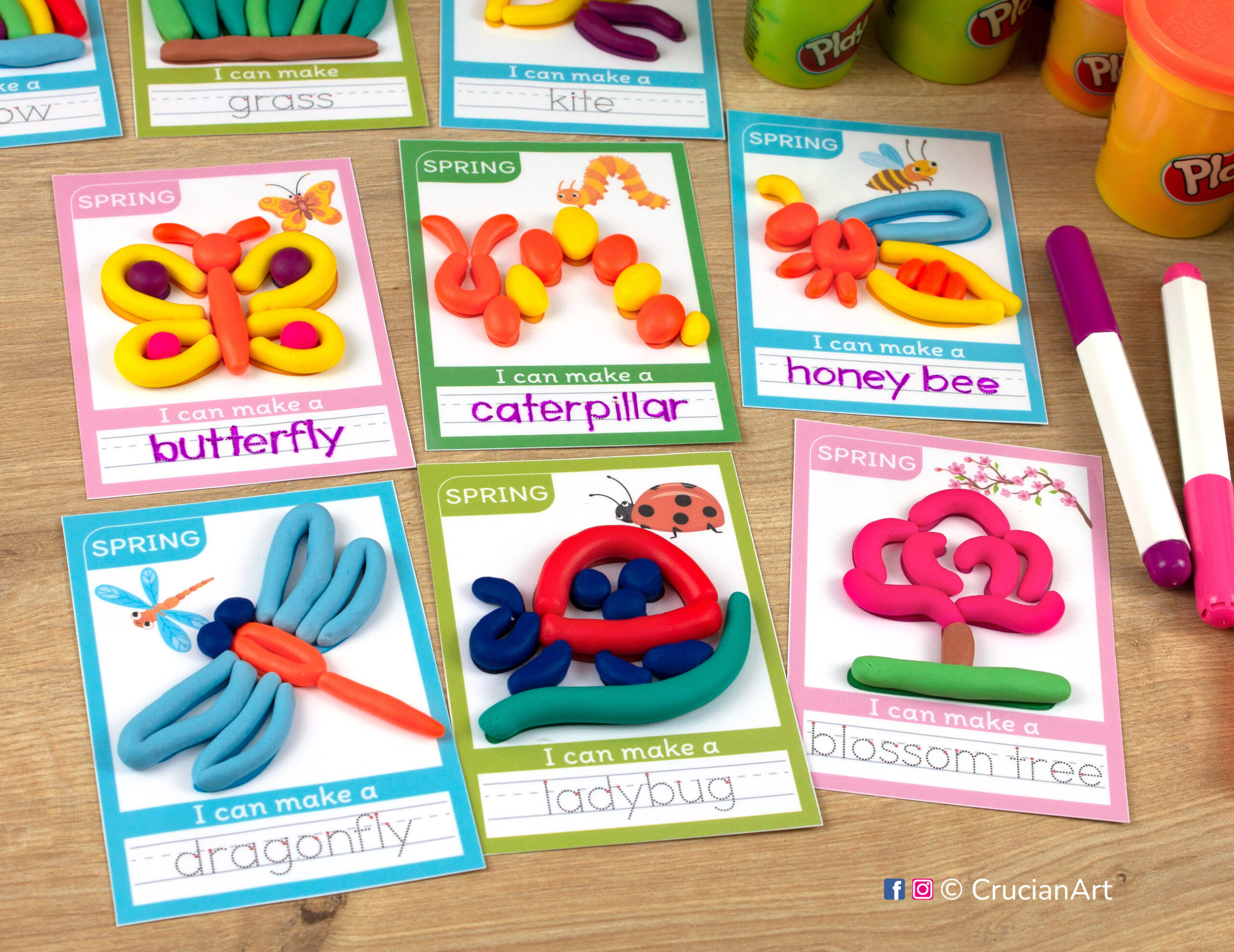Spring-themed playdough mats for toddlers and preschoolers with images of a ladybug, caterpillar, honey bee, dragonfly, and blossom tree.