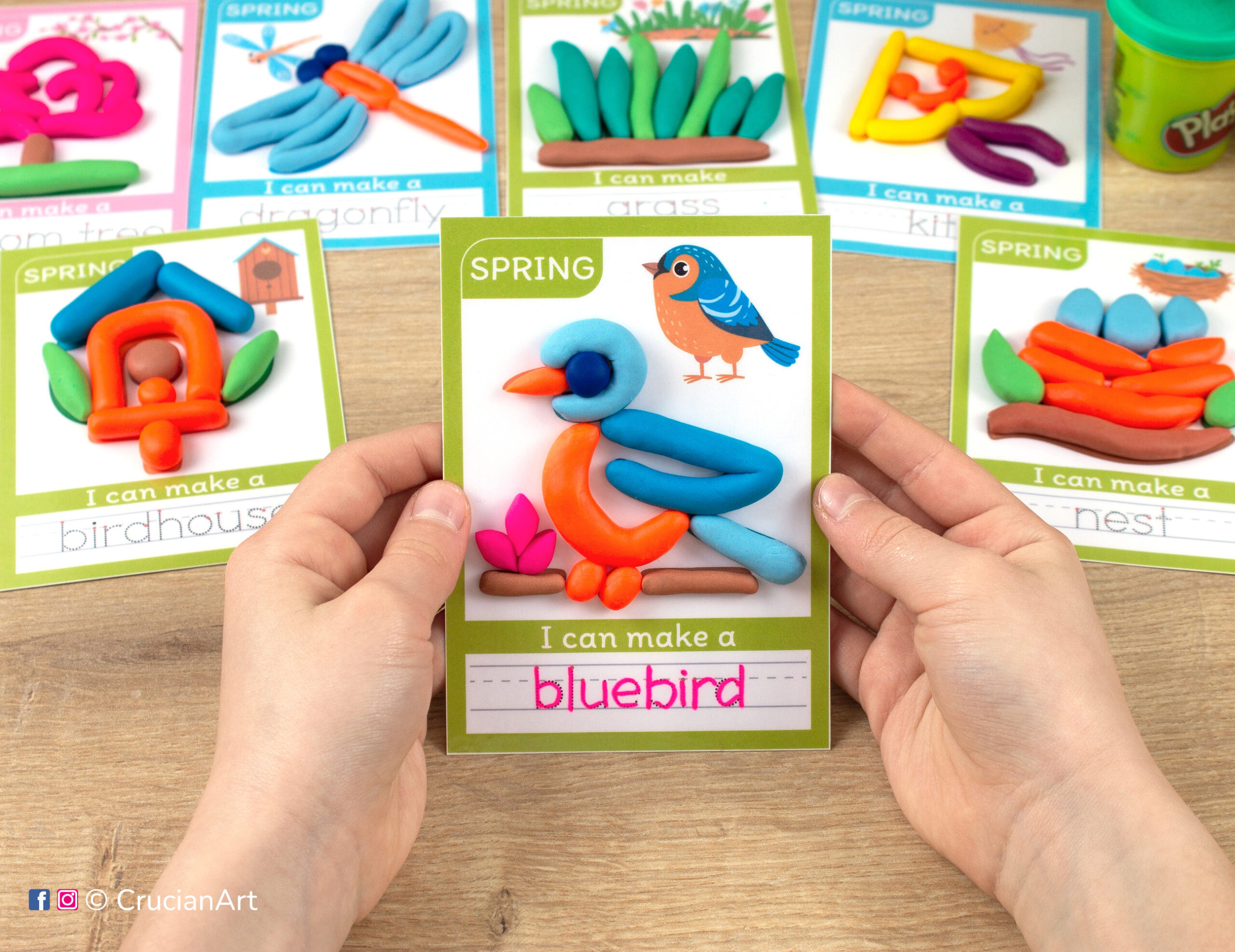 Spring-themed playdough mat with an image and word of a Bluebird. Educational playdough printables for seasonal early childhood curriculum.
