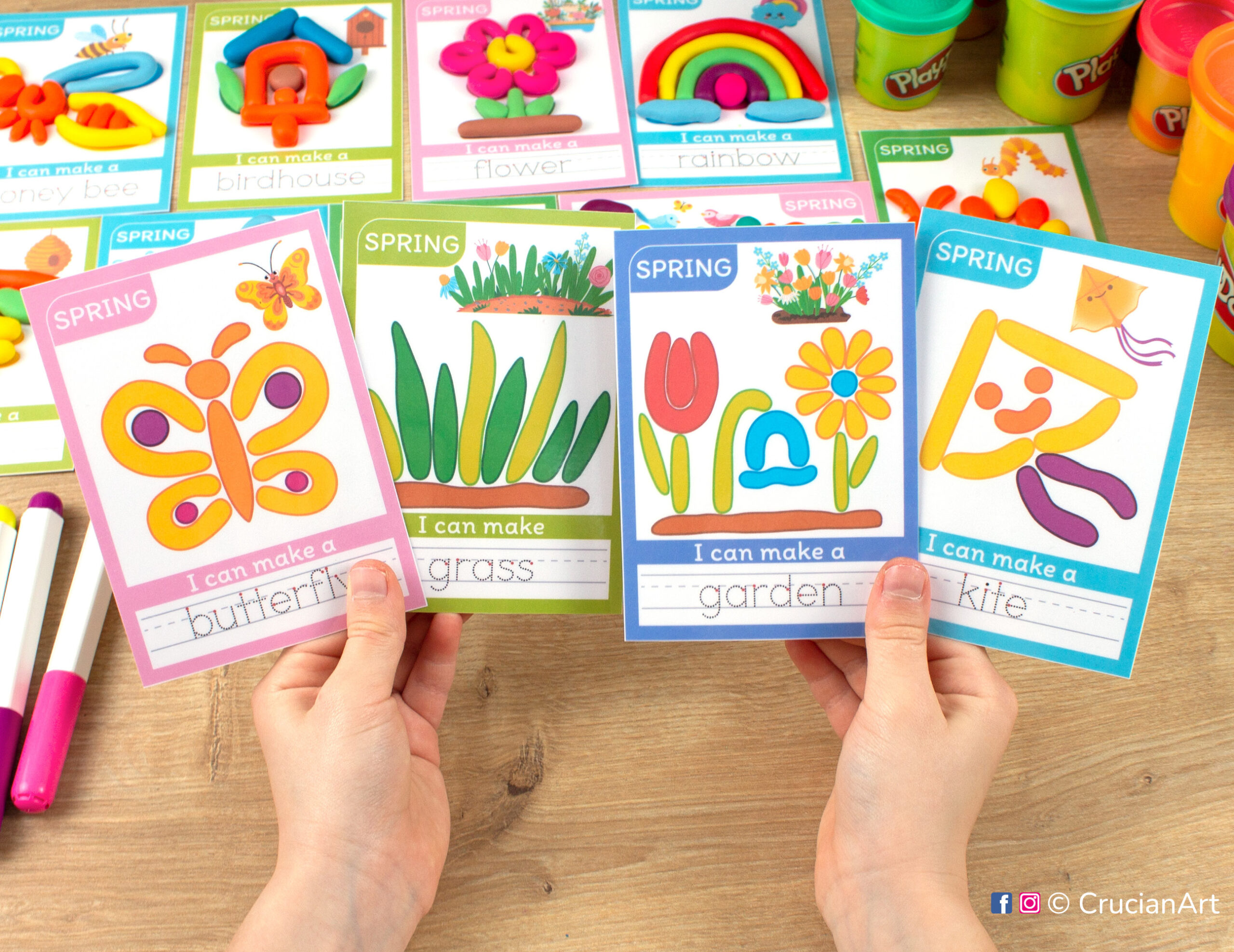 Seasonal printable playdough materials for preschool teachers. Spring activity for Play-Doh with images of a butterfly, garden, kite, grass.