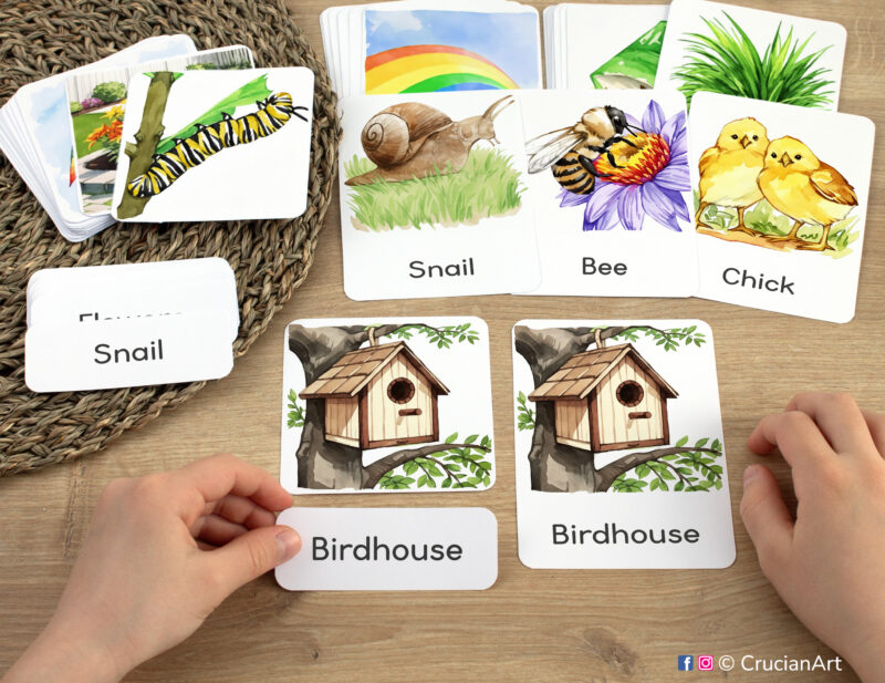 Spring Season three-part cards in practice: toddler pairing word label with corresponding Birdhouse image card. Springtime-themed printable materials for spring unit classroom activities.