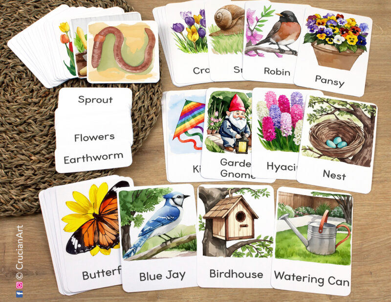Spring Season Unit Flashcards featuring Birdhouse, Nest, Blue Jay, Robin, Monarch Butterfly, Earthworm, Watering Can, Garden Gnome, Kite laid out for studying