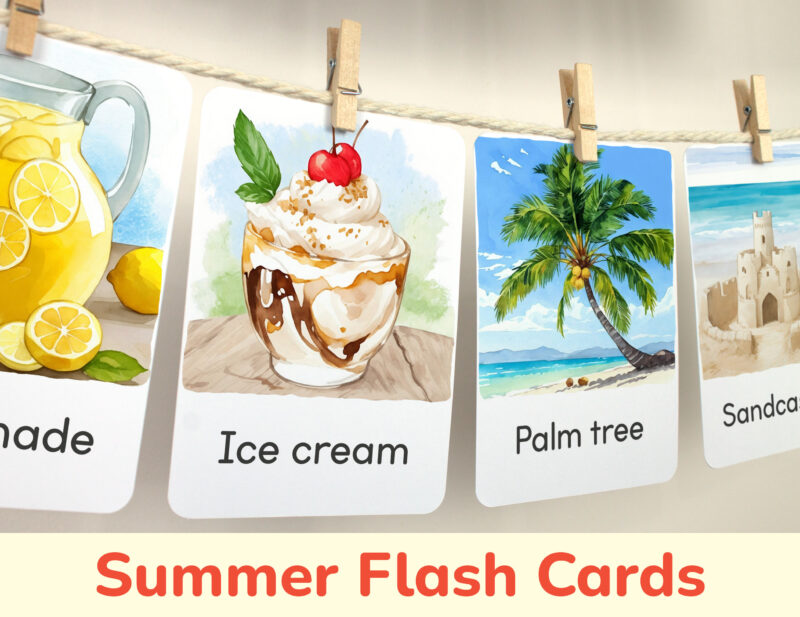 Ice cream and Palm tree flashcards hanging on twine with small wooden clothespins. Summer-themed curriculum classroom resources.