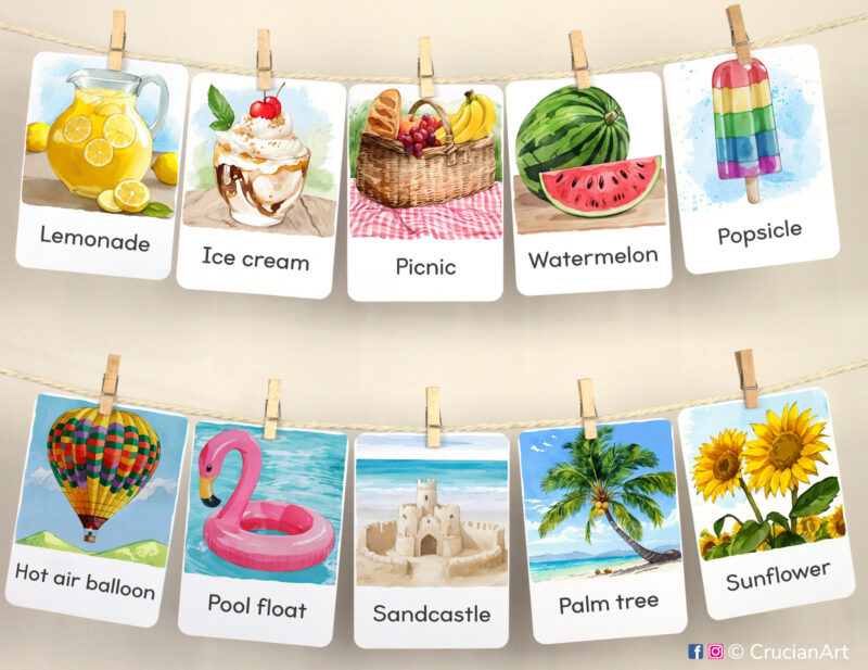 Set of Summertime Flashcards used as class or homeschool wall decor. Flash cards hang on twine with small wooden clothespins.