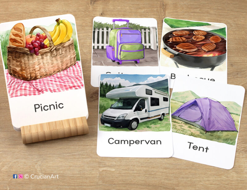 Sunshine Season Unit Flashcards featuring images of Picnic, Campervan, Tent, Suitcase, and Barbecue, ready for summer learning activity.