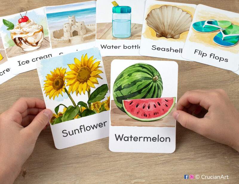 Watercolor illustrations of Watermelon and Sunflower flashcards in kindergartener's hands. Printable homeschool, classroom learning materials.