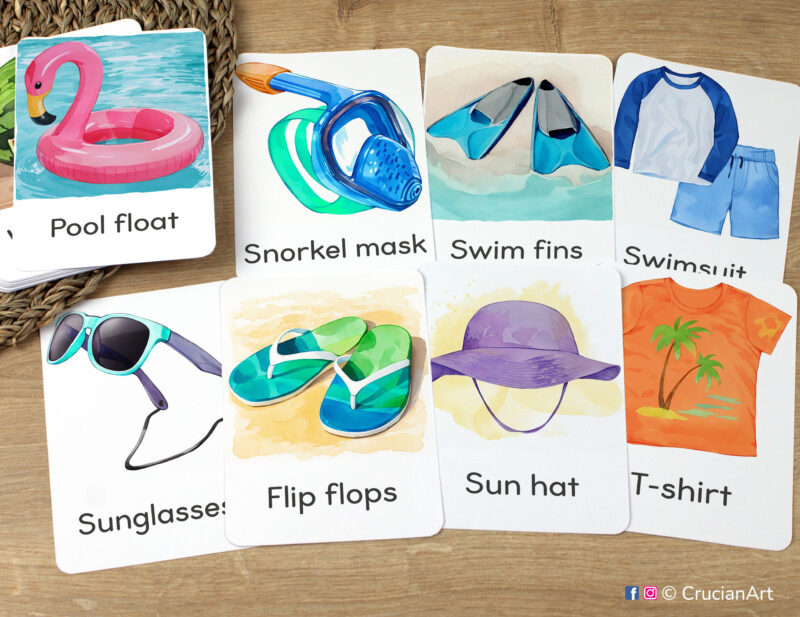 Tropical Beach Season Unit Flashcards featuring Sunglasses, Flip flops, Sun hat, T-shirt, Pool float, Swimsuit, Snorkel mask, Swim fins laid out for studying