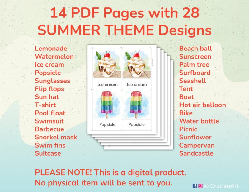 Printable Summertime three part cards for preschool and kindergarten Hot Summer Season Unit activities