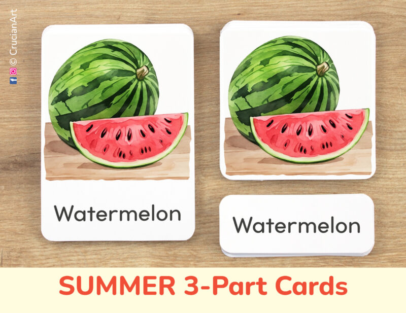 Summer three part cards set: Watermelon flashcard, watercolor visual card, and label with matching word. Vacation Season printable educational resource for Summertime study unit.