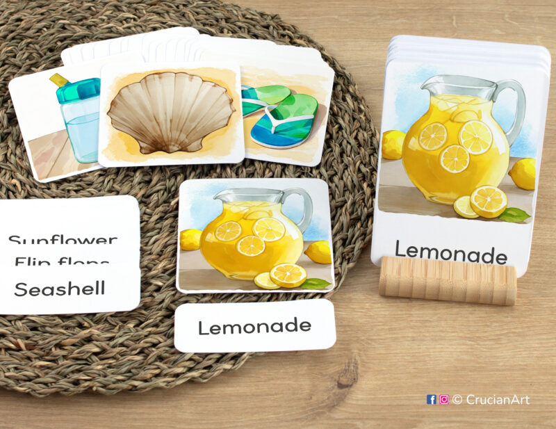 Early reading activity using three-part cards: Lemonade flashcard, word card, and picture card. Set of Summertime themed sight words for Summer literacy activities.