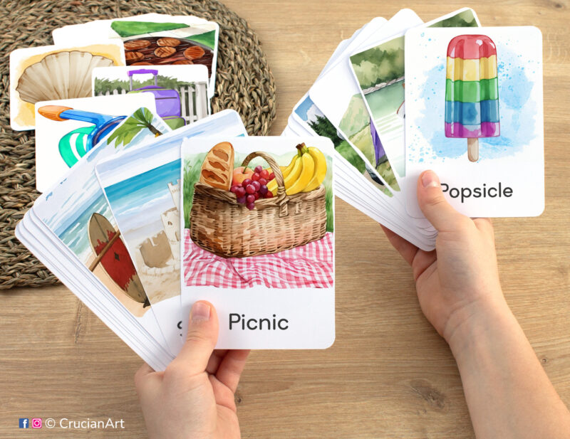 Picnic and Popsicle watercolor flashcards in child hands. Summer unit educational printables.