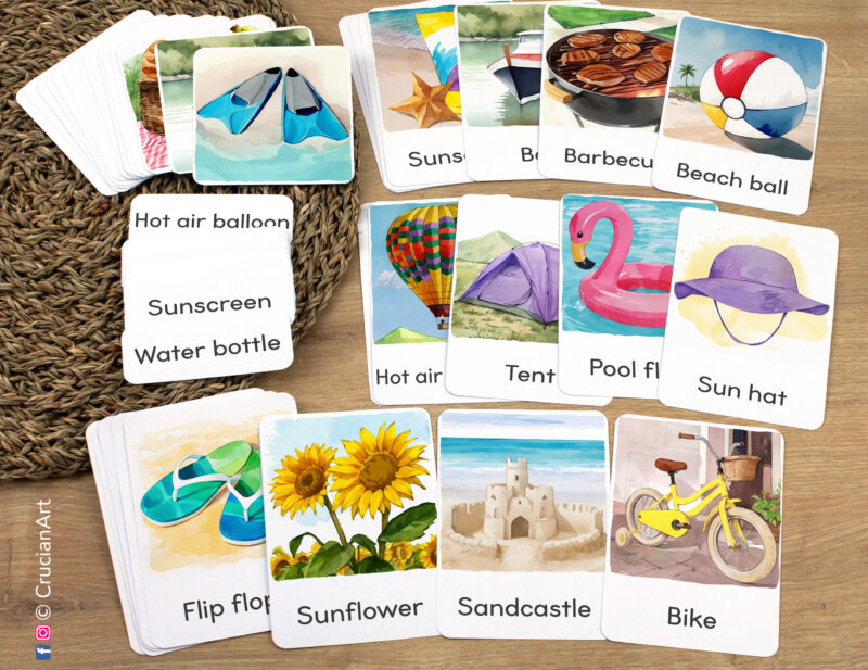 Summertime Unit Flashcards featuring Sandcastle, Pool float, Beach ball, Camp Tent, Sunflower, Barbecue, Bike, Flip flops, Sun hat laid out for studying