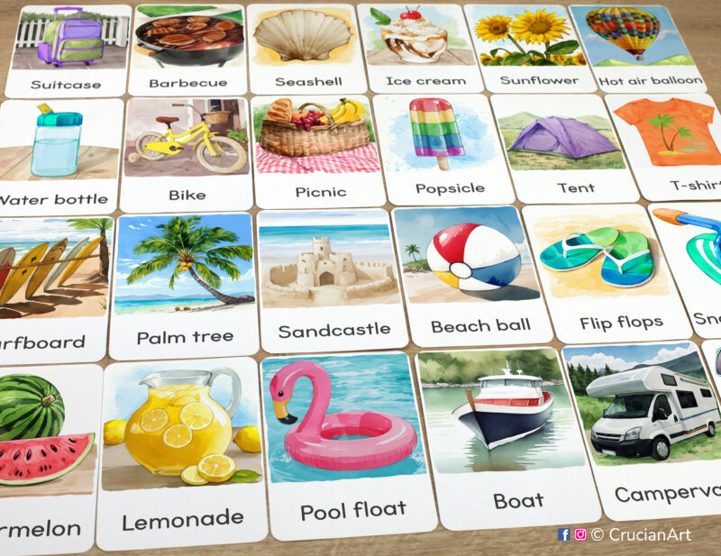 Set of Summer Season flashcards laid out on the table for learning activity: Lemonade, Beach ball, Palm tree, Skunk, Pool float, Sandcastle, Flip flops, Picnic, Popsicle, Hot air balloon, Bike, Barbecue, and Boat.