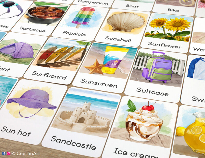 Set of printed Summertime theme three-part cards with watercolor illustrations of Ice cream, Sandcastle, Sun hat, Sunscreen, Popsicle, Seashell, and Suitcase