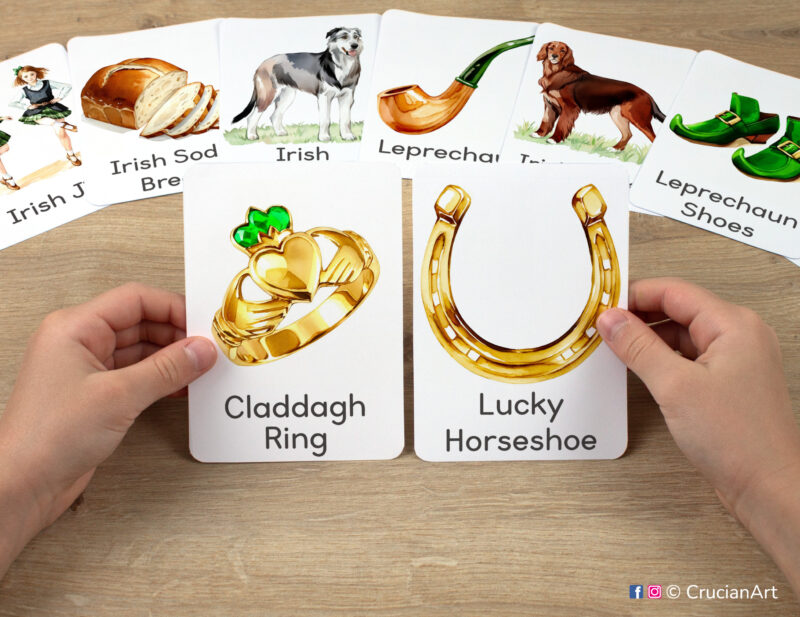 Lucky Horseshoe and Claddagh Ring watercolor flashcards in child's hands. Spring unit educational printables.