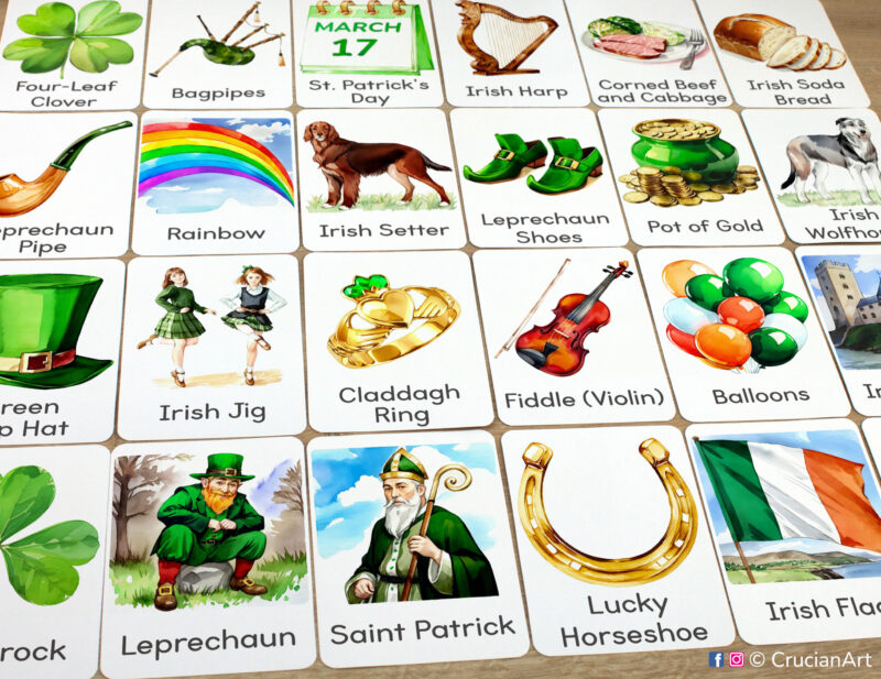 Set of St. Patrick's Day flashcards laid out on the table for learning activity.