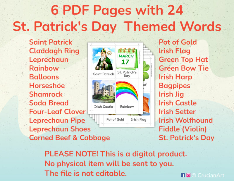 Printable Saint Patrick's Day Flashcards for Preschool and Kindergarten March 17th Holiday Unit Activities