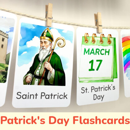 Saint Patrick and March 17th flashcards hanging on twine with small wooden clothespins. Spring curriculum classroom resources.