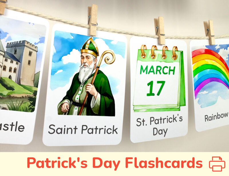 Saint Patrick and March 17th flashcards hanging on twine with small wooden clothespins. Spring curriculum classroom resources.