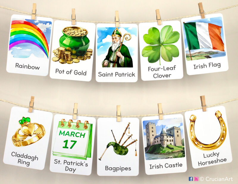 Set of Saint Patrick Day flashcards used as classroom or homeschool wall decor. March 17th holiday flash cards hang on twine with small wooden clothespins.