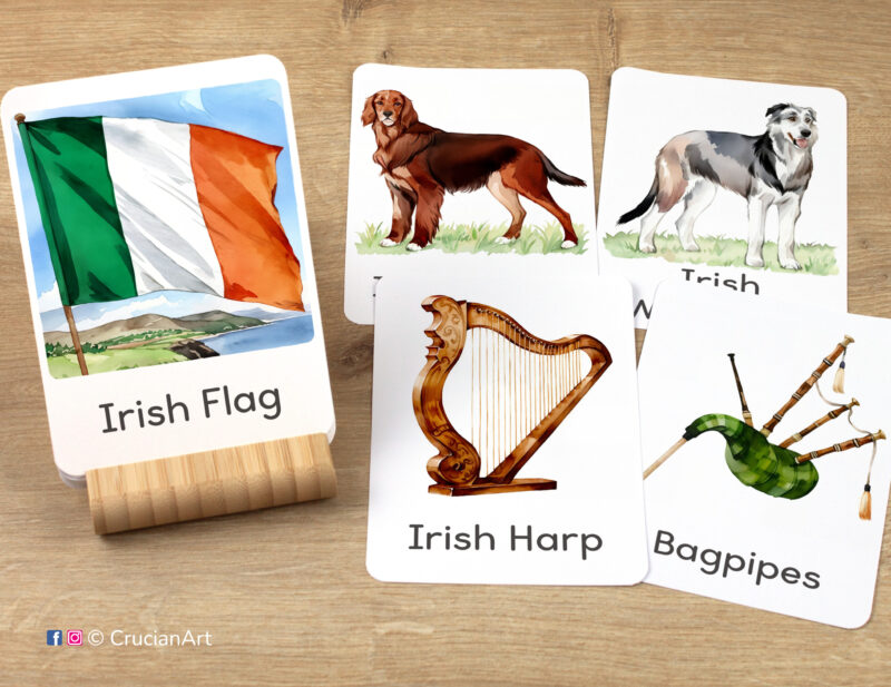 Saint Patrick's Day Unit Flashcards featuring images of Irish Flag, Irish Harp, Bagpipes, Irish Setter, and Irish Wolfhound, ready for learning activity