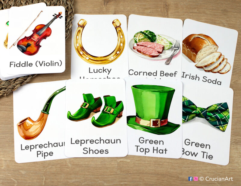 Saint Patrick's Day Unit Flashcards featuring Leprechaun Pipe, Green Top Hat, Lucky Horseshoe, Irish Soda Bread, Fiddle Violin, Green Bow Tie, Leprechaun Shoes laid out for studying.